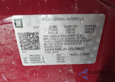 2018 GMC Acadia Slt-1 from USA, damaged, VIN 1GKKNMLA1JZ178927